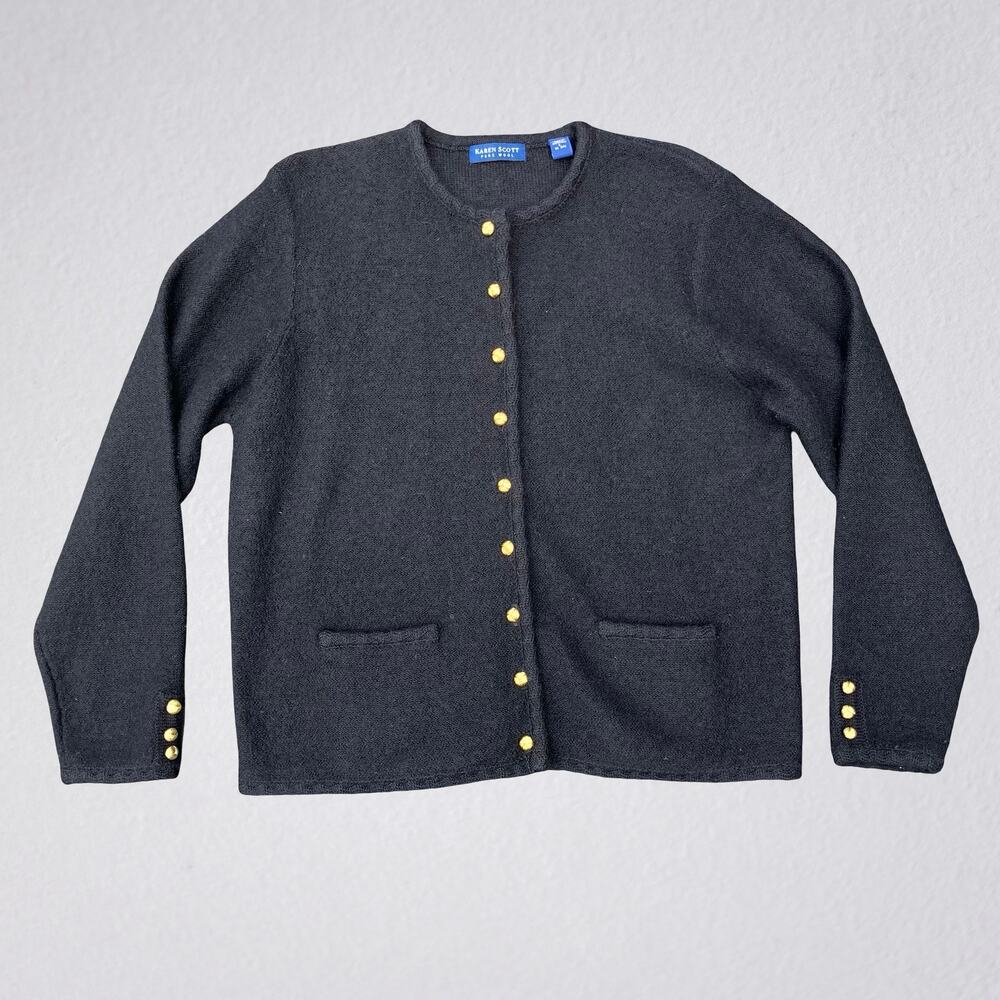 Karen Scott black 100% wool cardigan with gold buttons office core dark academia
